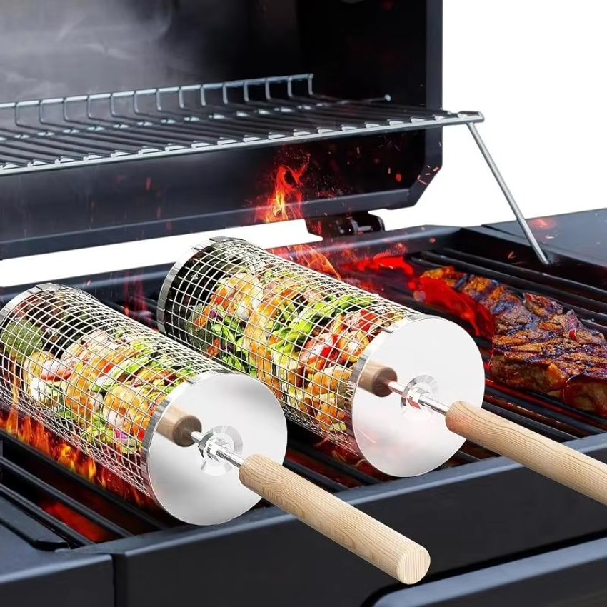 Outdoor Camping Kit - Round Barbecue Grill Basket Set, Stainless