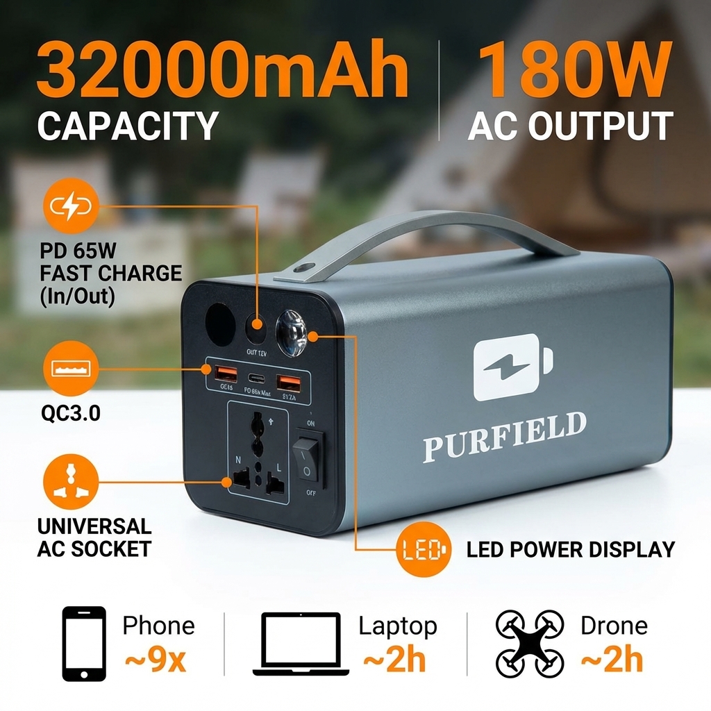 Outdoor Camping Kit - 180W Outdoor Power Station 32000mAh 118.4Wh